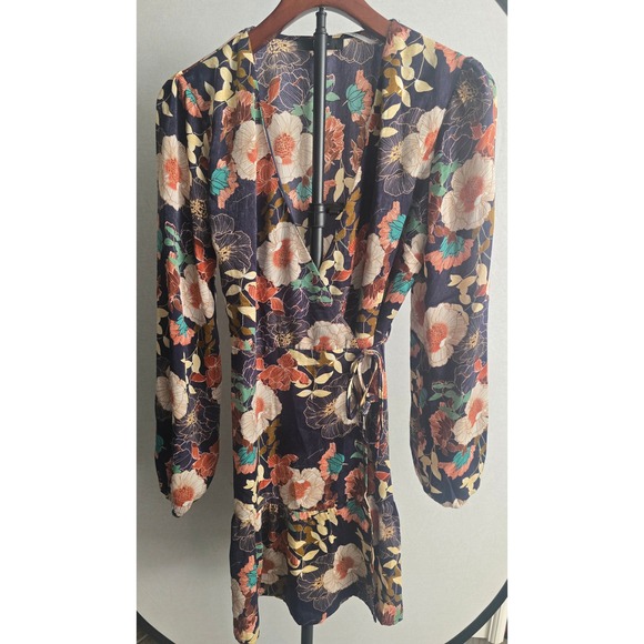 Lulus So Splendid Navy Blue Floral Satin Long Sleeve Wrap Dress - Picture 2 of 7